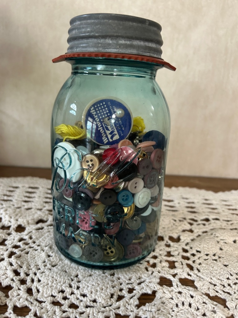 Vintage Blue Glass Mason Jar Button Storage - Unbranded